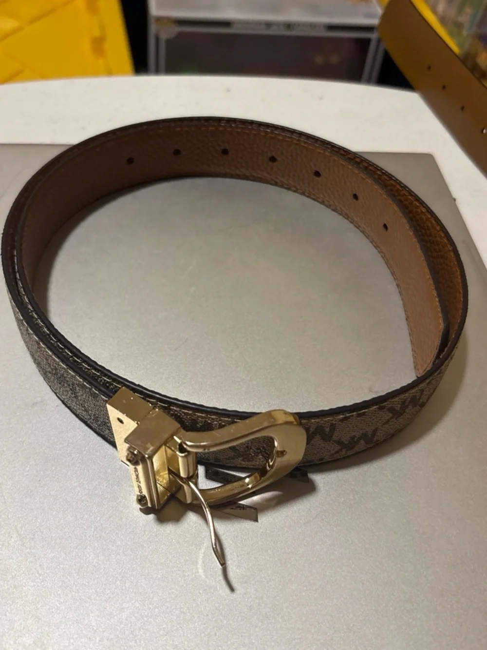 Michael Kors Tan and Brown Signature MK Canvas Belt with Gold Buckle